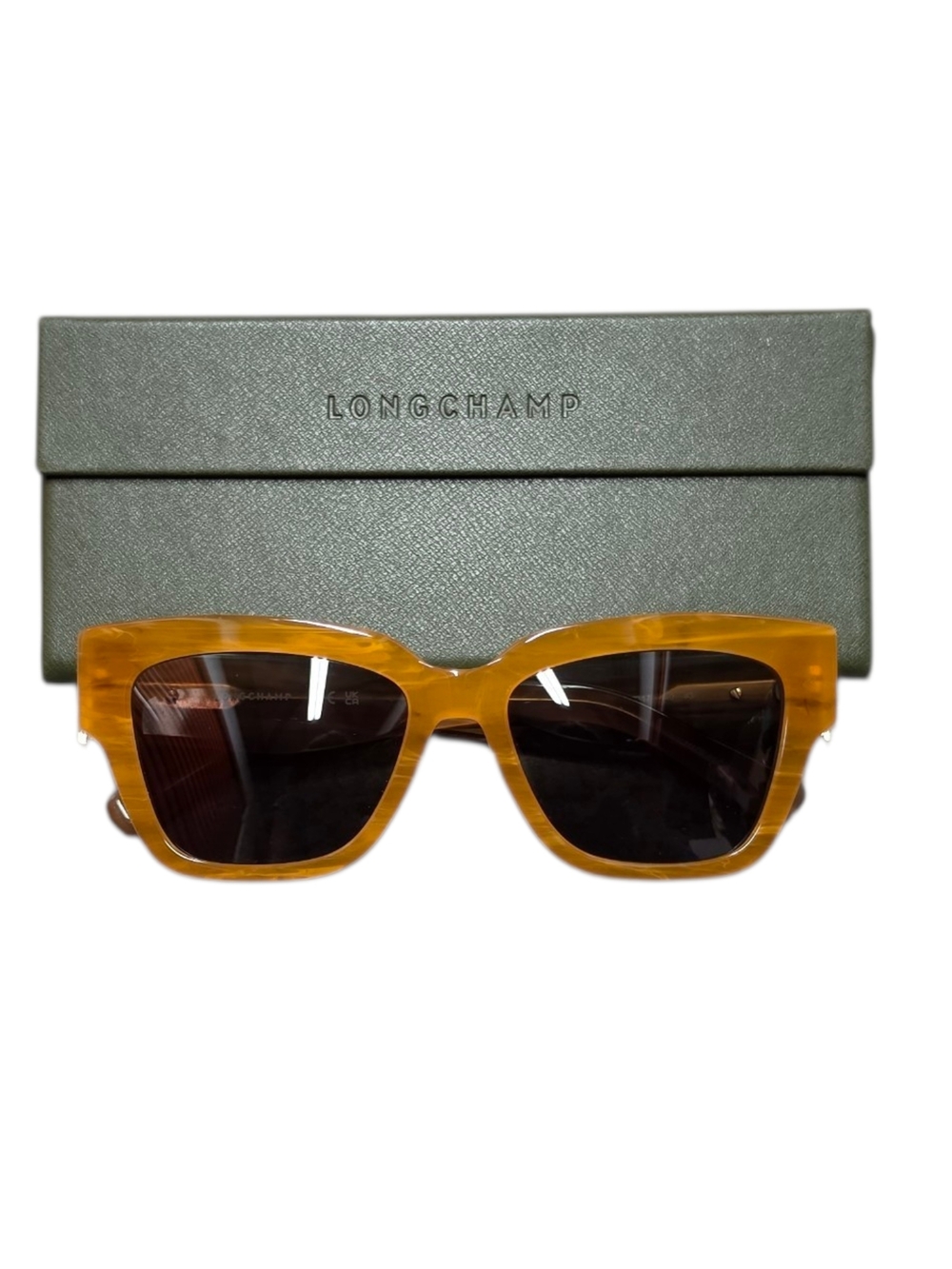 Longchamp Amber Honey Square Sunglasses with Dark Lenses